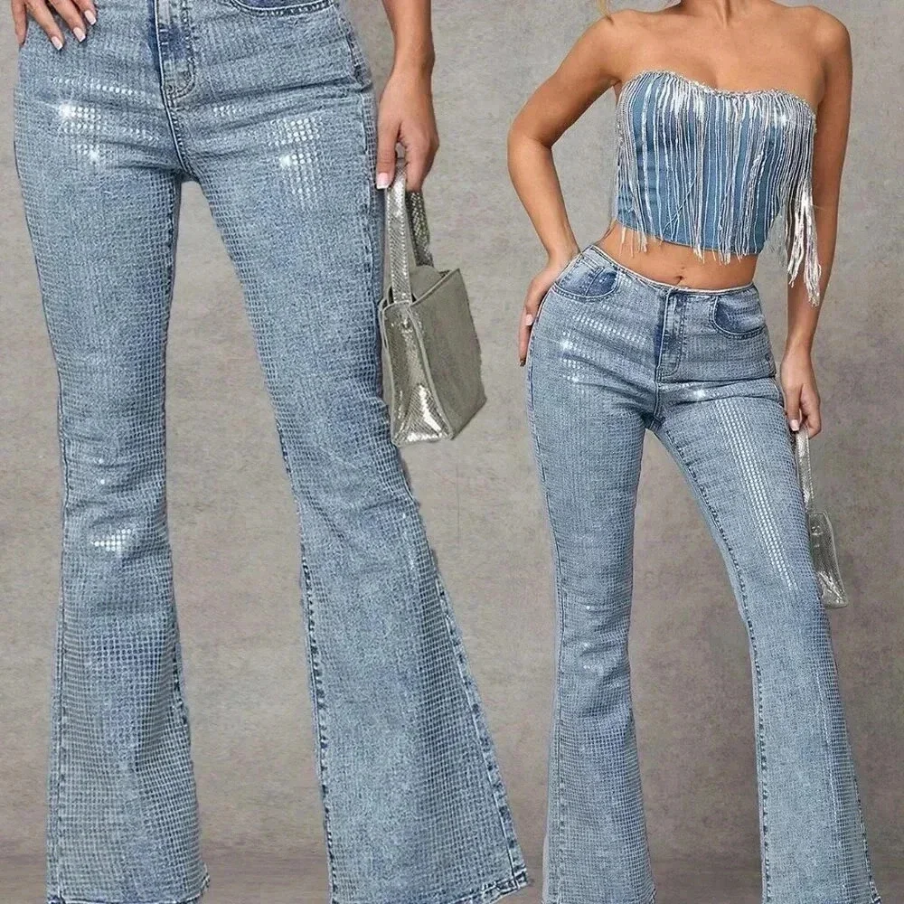Medium Wash Party Women's Blue Skinny Stretchy Flared Denim Jeans - Picture 1 of 7